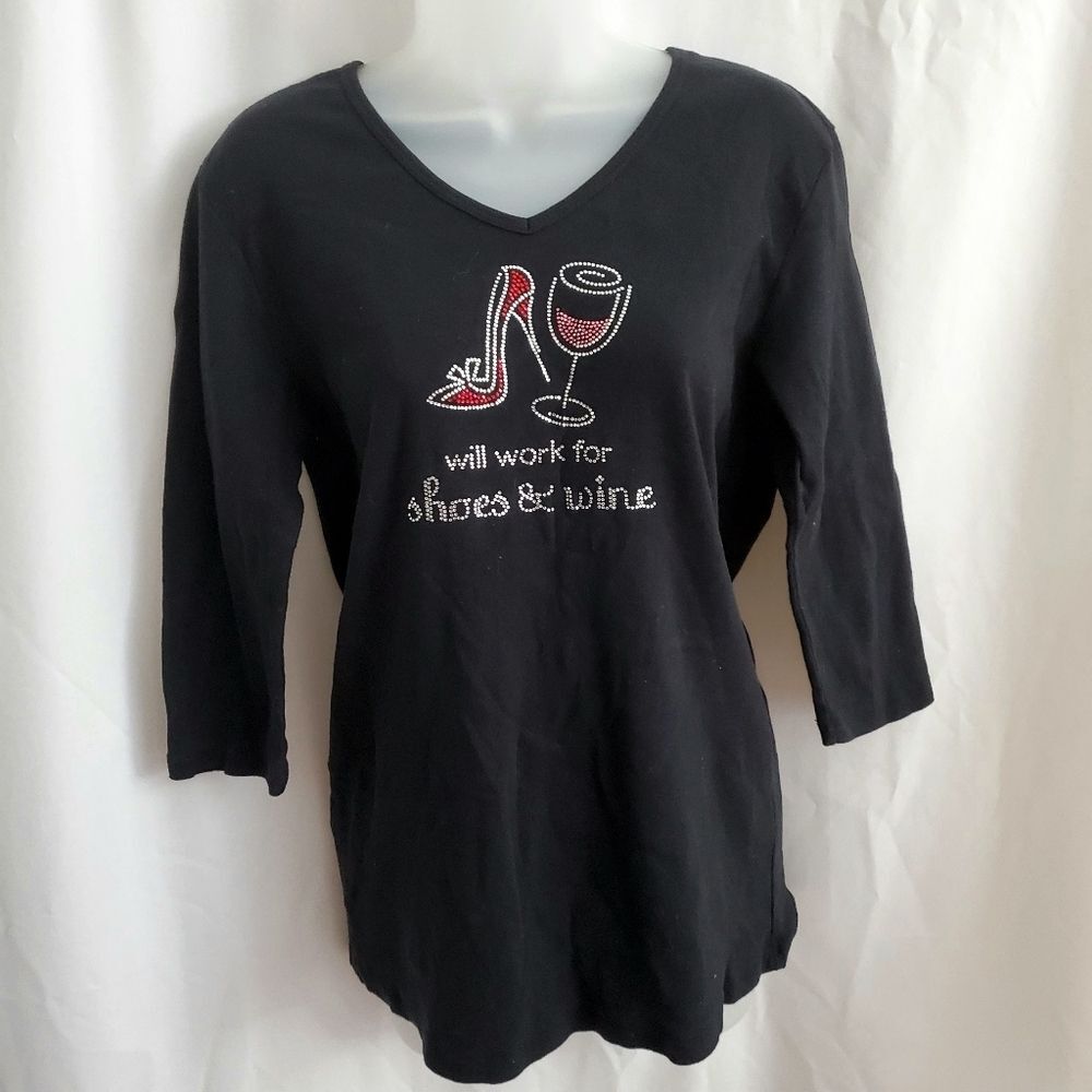 Black Rhinestone Tee Top 3/4 Sleeve XL Womens